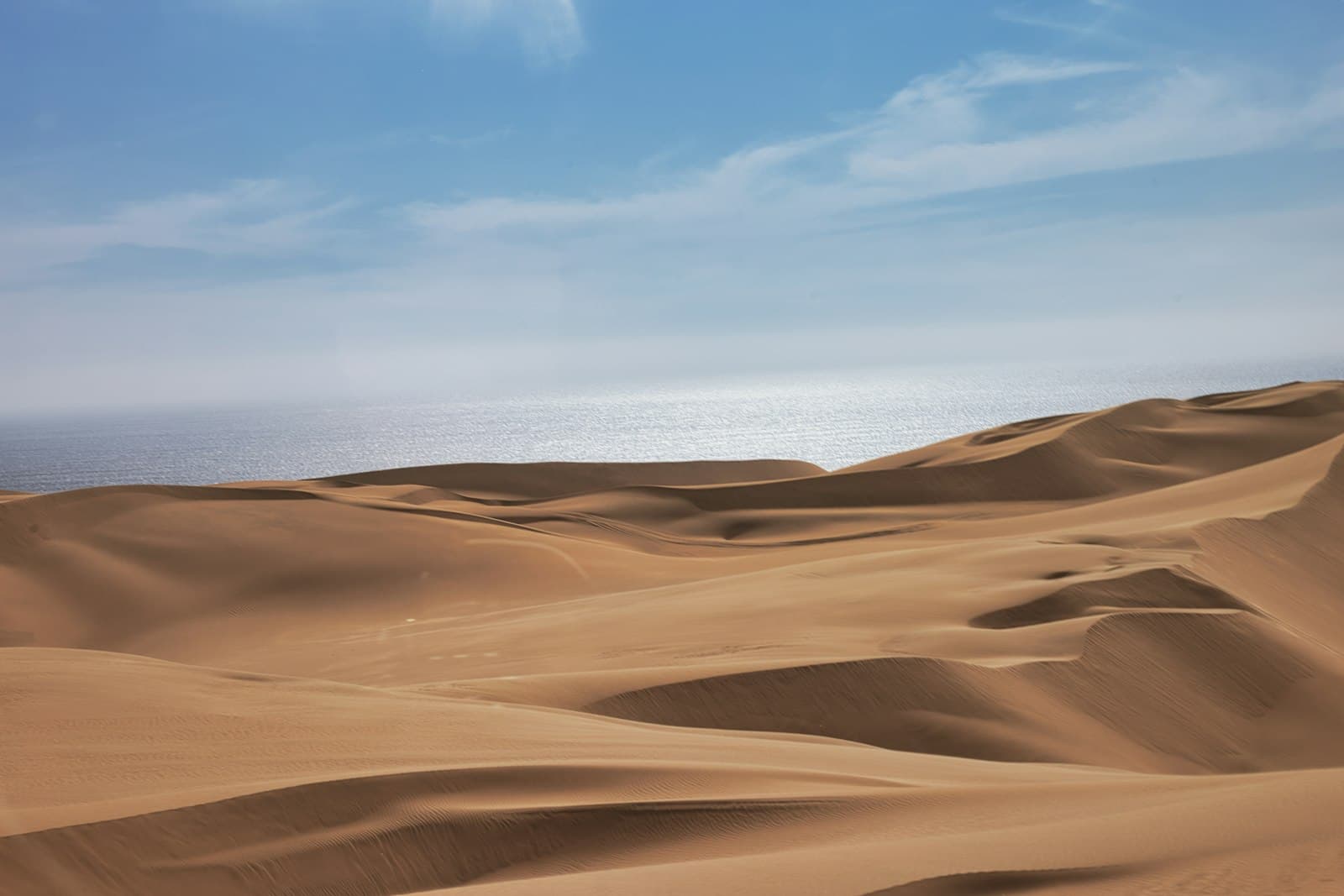 A large expanse of sand dunes with a body of water in the distance